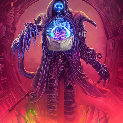 Image similar to cyberpunk undead lich ilithid mindflayer playing synthesizers, honeycomb background, D&D, laser show, highly detailed, realistic, technology and magic,