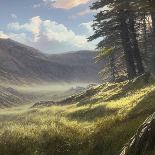 Image similar to concept art painting of a high moorland marsh above a mountainous forest, realistic, detailed, cel shaded, in the style of makoto shinkai and greg rutkowski and james gurney