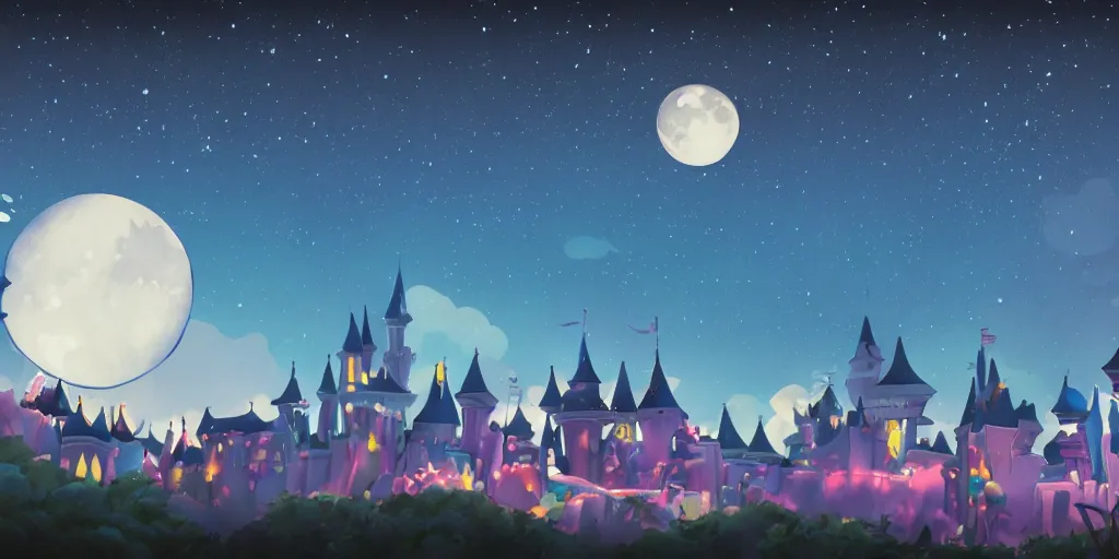 Prompt: moonlit night sky in disney animation style