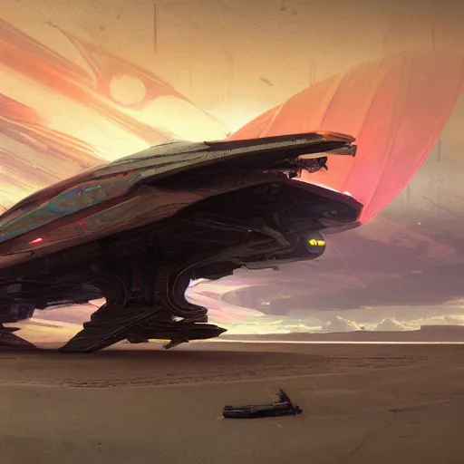 Image similar to Sci-fi spaceship parked on an empty beach, at dusk, art by Greg Rutkowski and Alphonse Mucha. colorful, highly detailed, trending on Artstation, 4k, epic, cinematic lightning