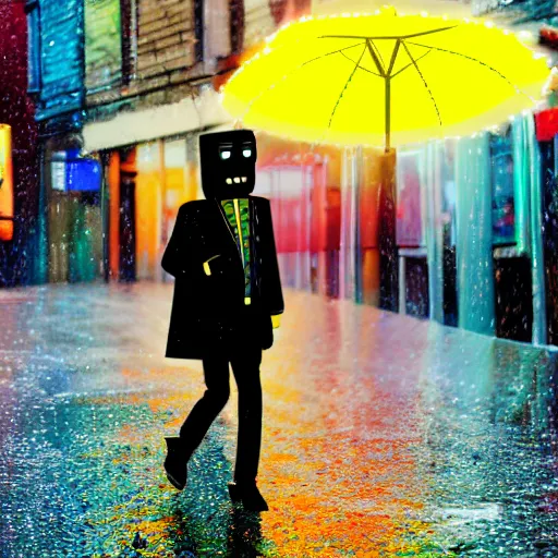 Image similar to small street full of neon light banners, multi colored pebbles on the road, a man with a black umbrella walks towards a young lady robot, rainy day, stylographic drawing style, kurekolor