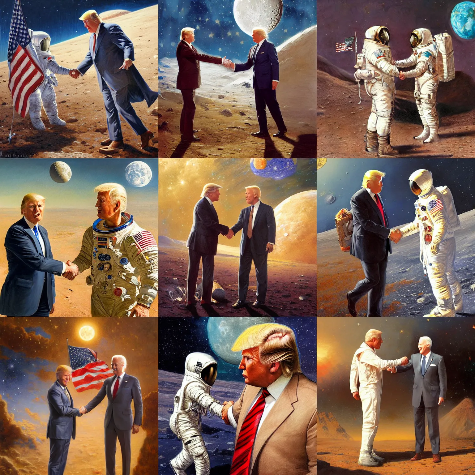 Prompt: high - resolution hyperrealistic cinematic portrait donald trump shaking hands with hyperrealistic cinematic portrait joe biden on the moon, highly detailed painting by gaston bussiere, craig mullins, j. c. leyendecker 8 k