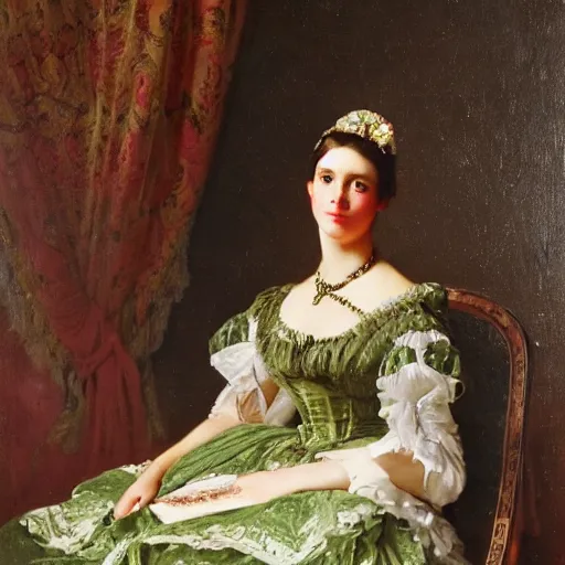 Image similar to full body portrait of a young german princess standing by a chair by Franz Xaver Winterhalter and Andreas Herman Hunæus painted in the 1860s, romanticism, vivid, fancy, beautiful face, rococo, clear, coherent