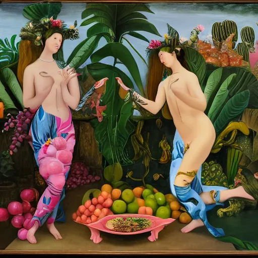 Image similar to a highly detailed oil painting of 2 pink dolphin queens ruling a cheese kingdom surrounded by exotic fruits and plants, surreal, 4 k, trending on art station, in the style of dali, boch, matisse caravaggio, comical