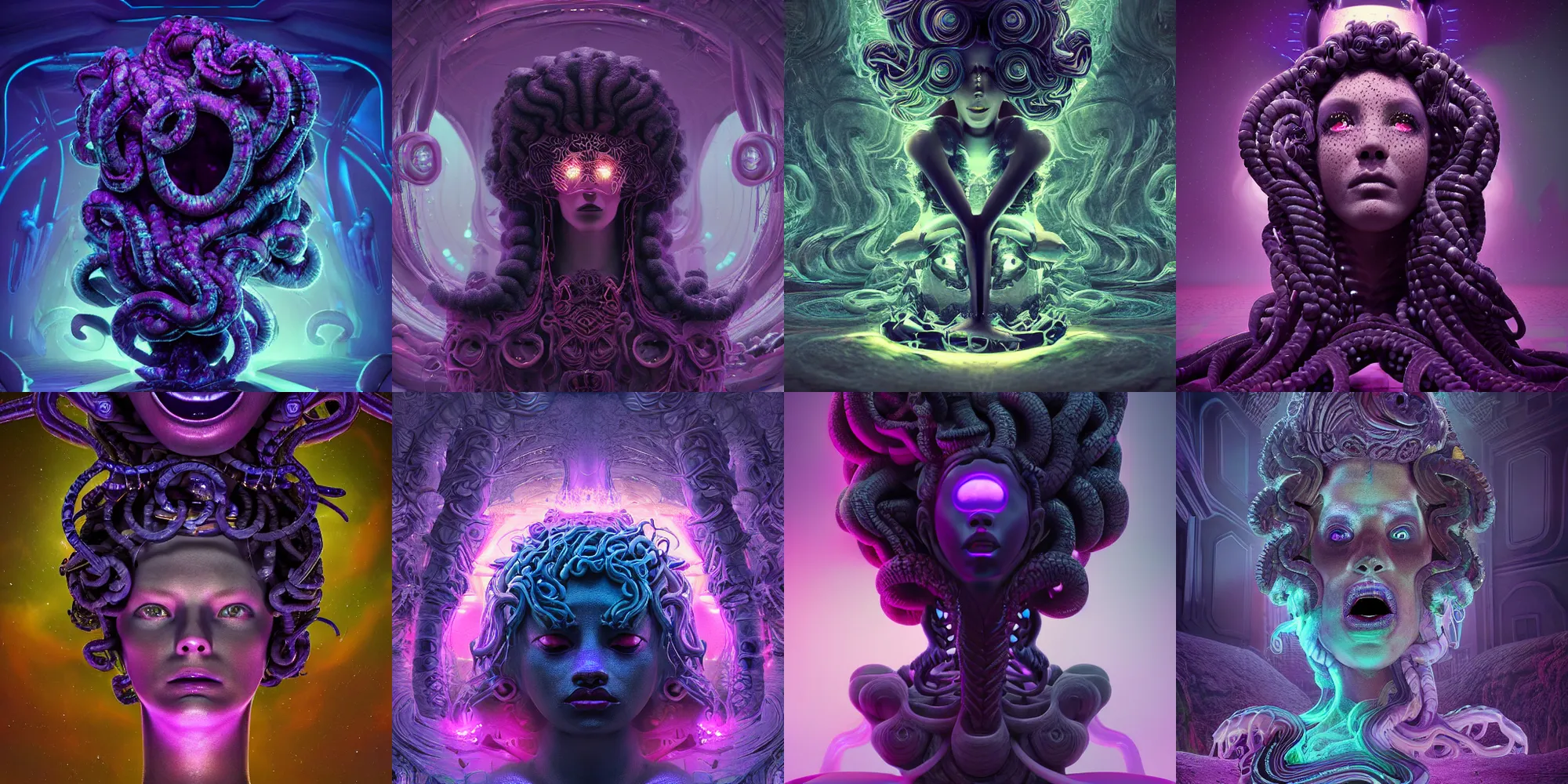 Prompt: beautiful dark medusa gorgon, cosmic horror, abstract, ghostly, arcade, duotone, poltergeist, epic lighting, intricate, elegant, highly detailed, smooth, sharp focus, unreal engine 5, raytracing, in the style of beeple and mike winkelmann, ultraviolet colors,