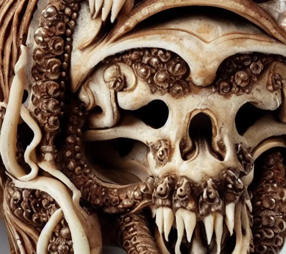 Image similar to an intricately detailed carving in an human - octopus skull, rococo ornate bone and ivory sculpted skull with teeth and tentacles, horror, artifact, micro detailed, inscribed with occult symbols, otherworldly