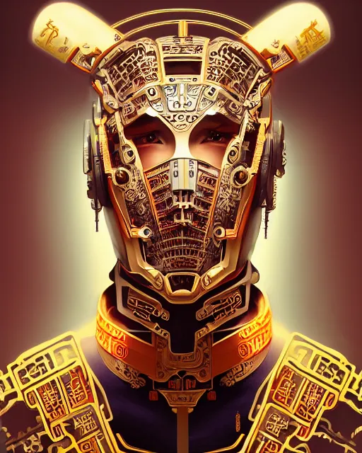 Image similar to portrait of a masculine male cyberpunk machine, machine face, upper half portrait, decorated with chinese opera motifs, asian, fine china, wuxia, traditional chinese art, intricate, elegant, highly detailed, symmetry, headpiece, digital painting, artstation concept art smooth sharp focus, illustration, art by artgerm and greg rutkowski alphonse mucha 8 k