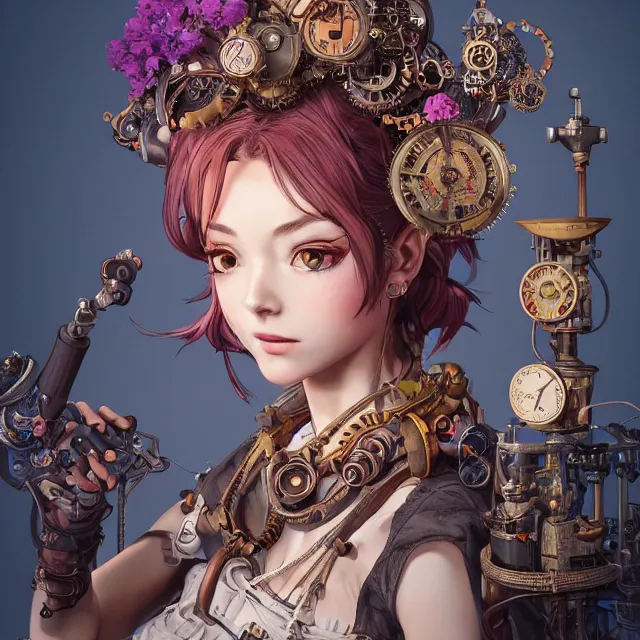 Image similar to the portrait of true neutral semi - colorful female steampunk mechanist as absurdly beautiful, gorgeous, elegant, young gravure idol, an ultrafine hyperdetailed illustration by kim jung gi, irakli nadar, intricate linework, bright colors, octopath traveler, final fantasy, unreal engine 5 highly rendered, global illumination, radiant light, detailed and intricate environment