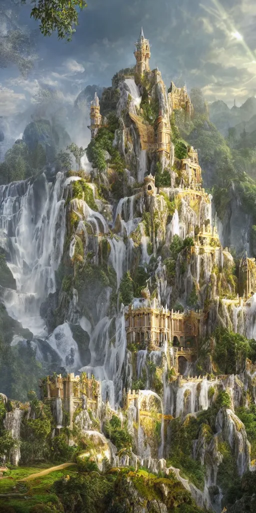 Image similar to a beautiful fantasy landscape of a large majestic castle adorned with gold linings and white marble walls from DND with lots of towers bridges and levels on top of a lush cliff with a huge waterfalls in the middle, ruins of structures at the bottom, afternoon light streaking with god rays, Dungeons and Dragons Castle, ornate, detailed, octane render, 8k, trending on artstation deviantart google images, pinterest, canon 35mm lens