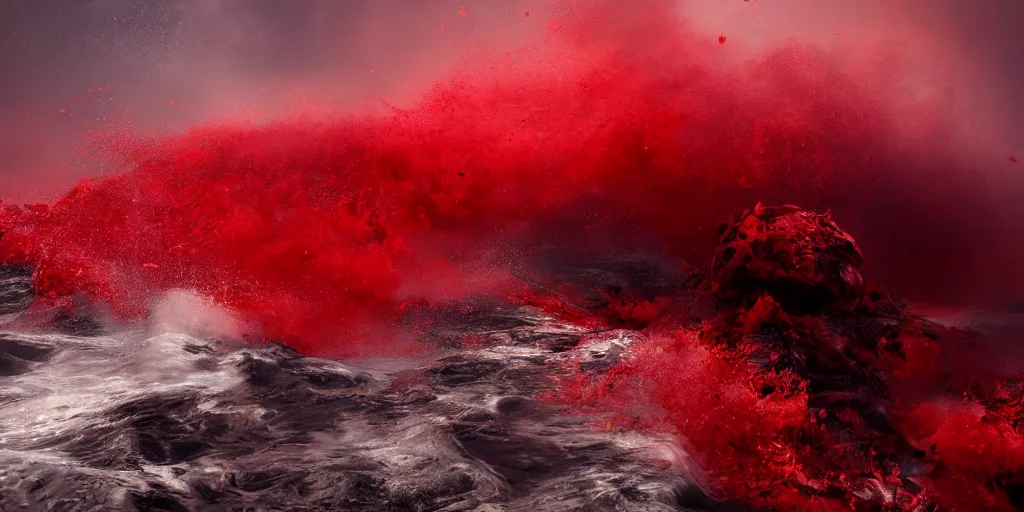 Image similar to a churning, boiling red sea with lots of smoky black and red steam, fantasy digital art, octane render, beautiful composition, trending on artstation, award-winning photograph, masterpiece