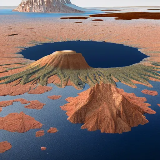 Image similar to a highly detailed landscape painting of large island in the center of a meteor crater lake with a domed futuristic fantasy city, river running through a crater, aerial photography, ultrawide lens, art by john collier and jeon seong and albert bierstadt, volumetric lighting, octane render, 4 k resolution, trending on artstation, masterpiece