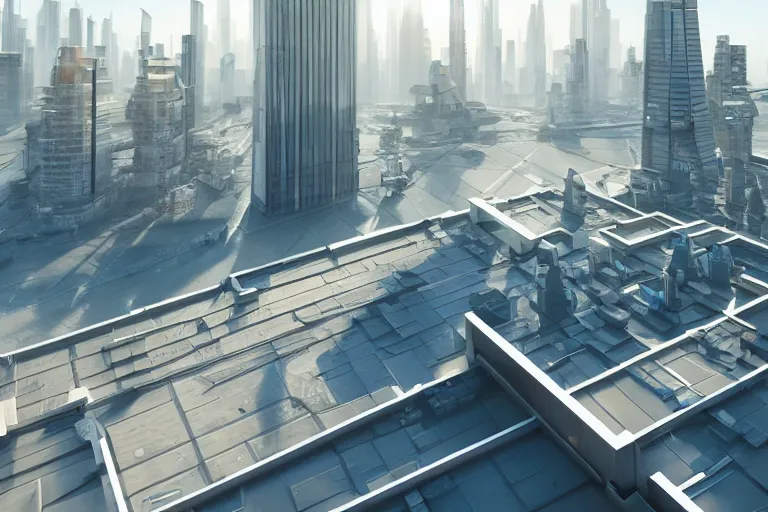 Image similar to rooftop view of a futuristic city highly detailed, photorealistic portrait, bright studio setting, studio lighting, crisp quality and light reflections, unreal engine 5 quality render