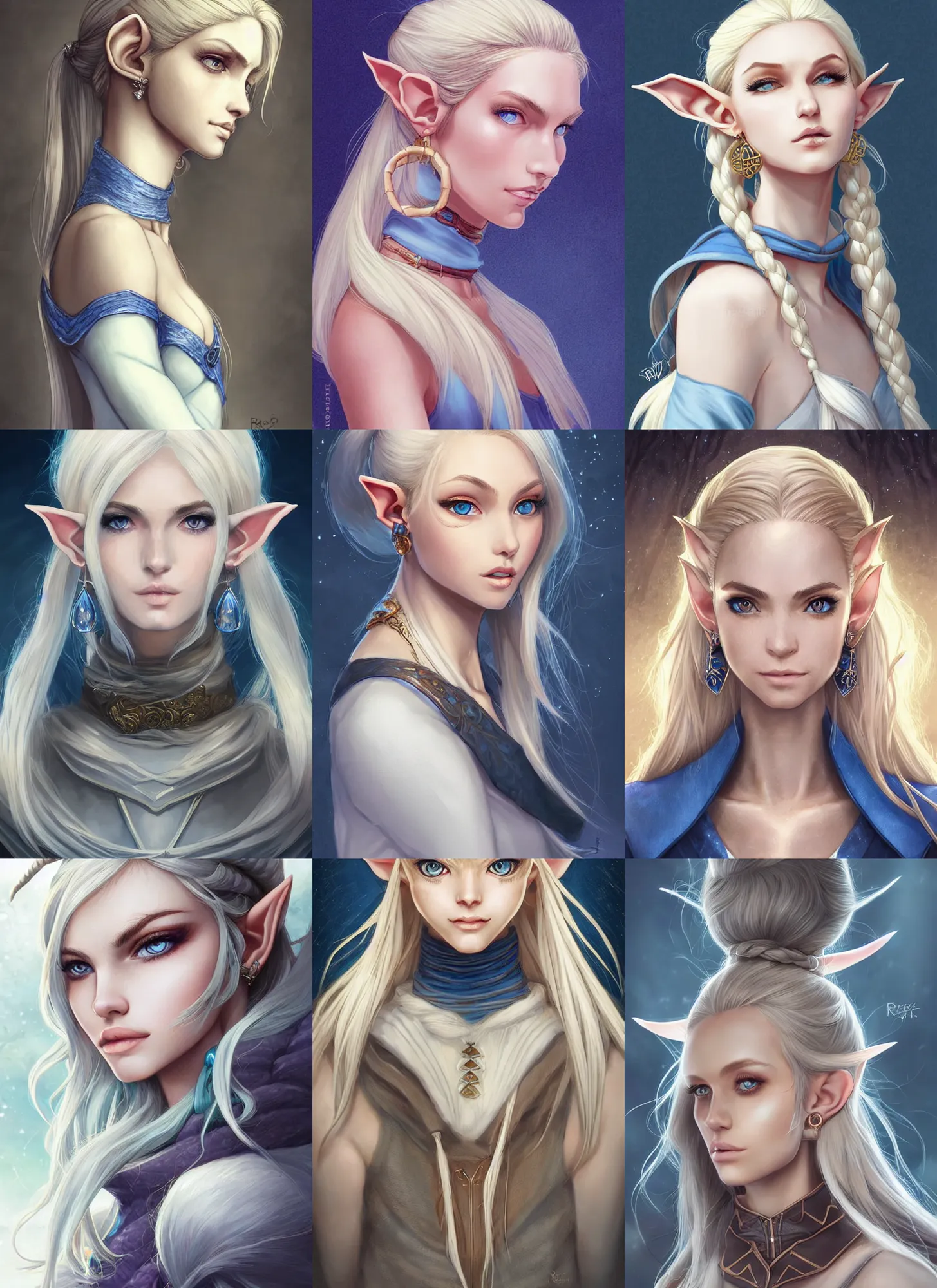 Prompt: bust portait of beautiful elf lady, white skin, blue eyes, blonde, long tied ponytail, serious look, sleeveless turtle neck sweater, earrings, highly detailed, high fantasy, smooth, sharp focus, digital illustration, by rossdraws, frank franzzeta, artgerm