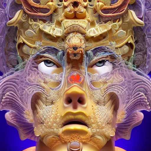 Image similar to 3 d goddess close - up frontal portrait with ram golden skull. beautiful intricately detailed japanese fractal kitsune mask and clasical japanese kimono. betta fish, jellyfish phoenix, bio luminescent, plasma, ice, water, wind, creature, mandelbulb, fractal, artwork by tooth wu and wlop and beeple and greg rutkowski