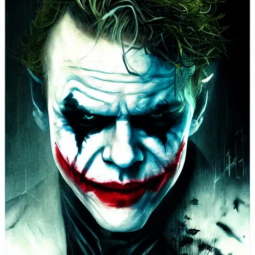 Image similar to heath ledger joker, darkwave, darksynth, character portrait, sharp, digital matte painting, art by luis royo, greg rutkowski, wlop, dramatic lighting, trending on artstation