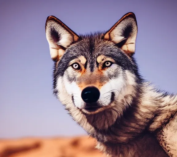 Image similar to photo of a wolf puppy, wearing cowboy clothes, in the desert, cinematic color grading, various poses, soft light, faded colors, well framed, sharp focus, 8 k