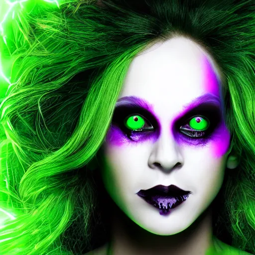Prompt: a portrait photo of a poison themed female villain, glowing green, poison dripping, poison teeth, detailed character design, symmetrical face, purple highlights, one purple eye, closed eyes, no eyes, black eyes