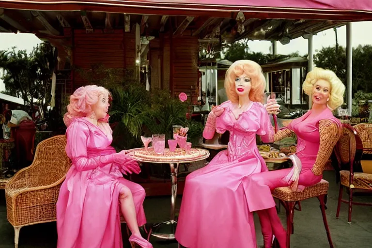 Image similar to Angelyne and martina bigg share drinks on the veranda, photographed by annie liebovitz