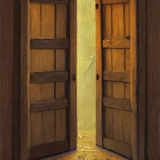 Image similar to a wooden door broken in half with an axe, by Gerald Brom, realistic, detailed, trending on art station