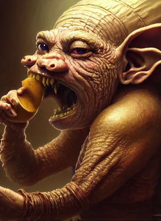 Prompt: highly detailed closeup portrait of a medieval goblin eating soup, stephen bliss, unreal engine, greg rutkowski, ilya kuvshinov, ross draws, hyung tae and frank frazetta, tom bagshaw, tom whalen, nicoletta ceccoli, mark ryden, earl norem, global illumination, god rays, detailed and intricate environment