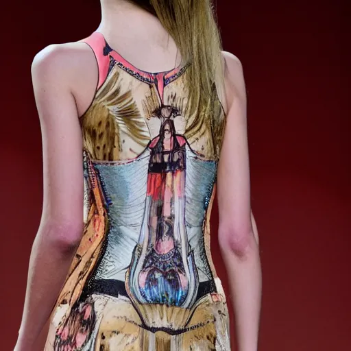 Image similar to close up of a fashion model with print of a female body on dress,, in year 3000, catwalk, highly detailed