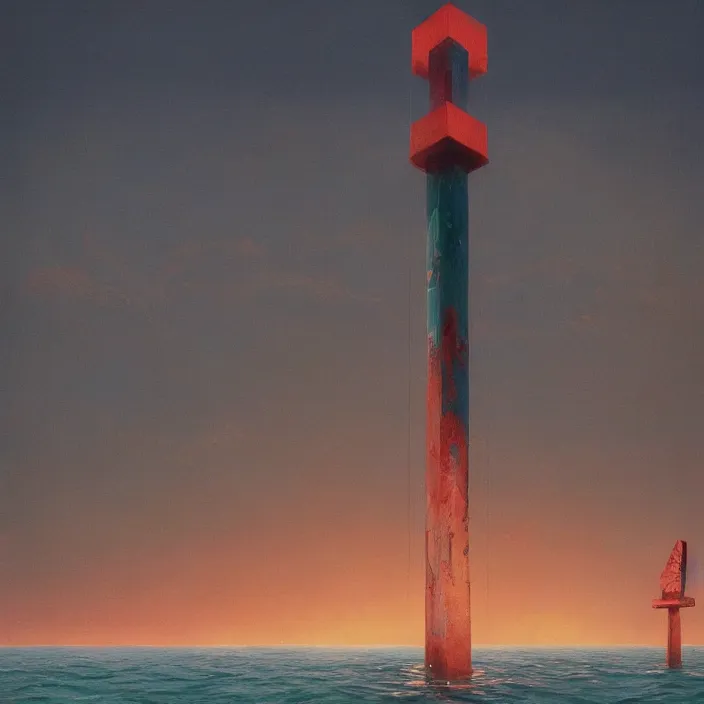 Image similar to a beautiful painting of a torii at sea by simon stalenhag and zdzisław beksinski and rene magritte and greg rutkowski, in style of digital art. hyper detailed, sharp focus, soft light. unreal engine 5. ray tracing. trending on artstation