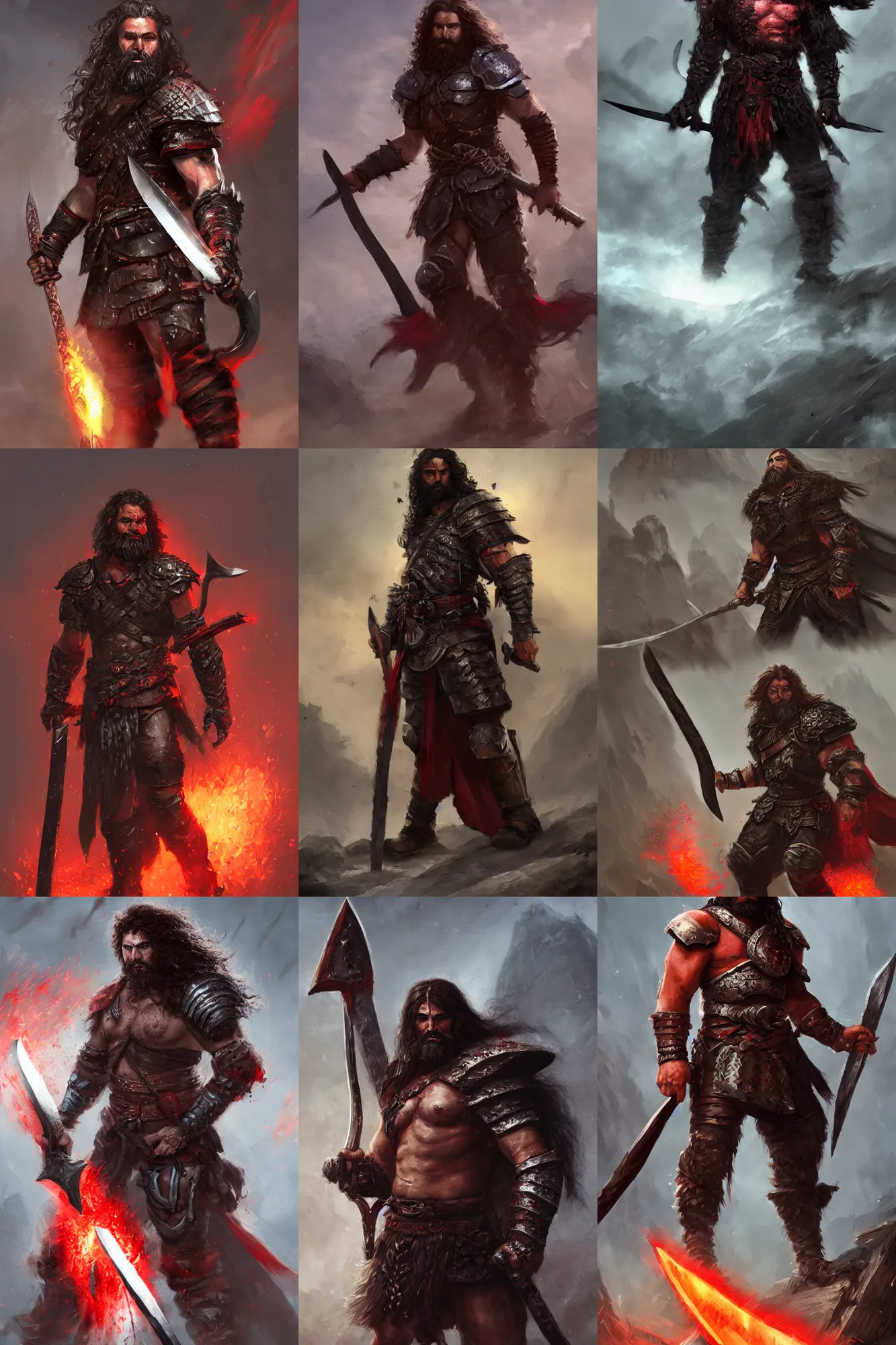 Prompt: Heroic barbarian warrior, one great-axe in each hand, black and red armor, plate, long curly hair, unkempt beard, young, male, justice, high fantasy, main character, matte painting, trending in artstation, artstationHD, artstationHQ, cgsociety