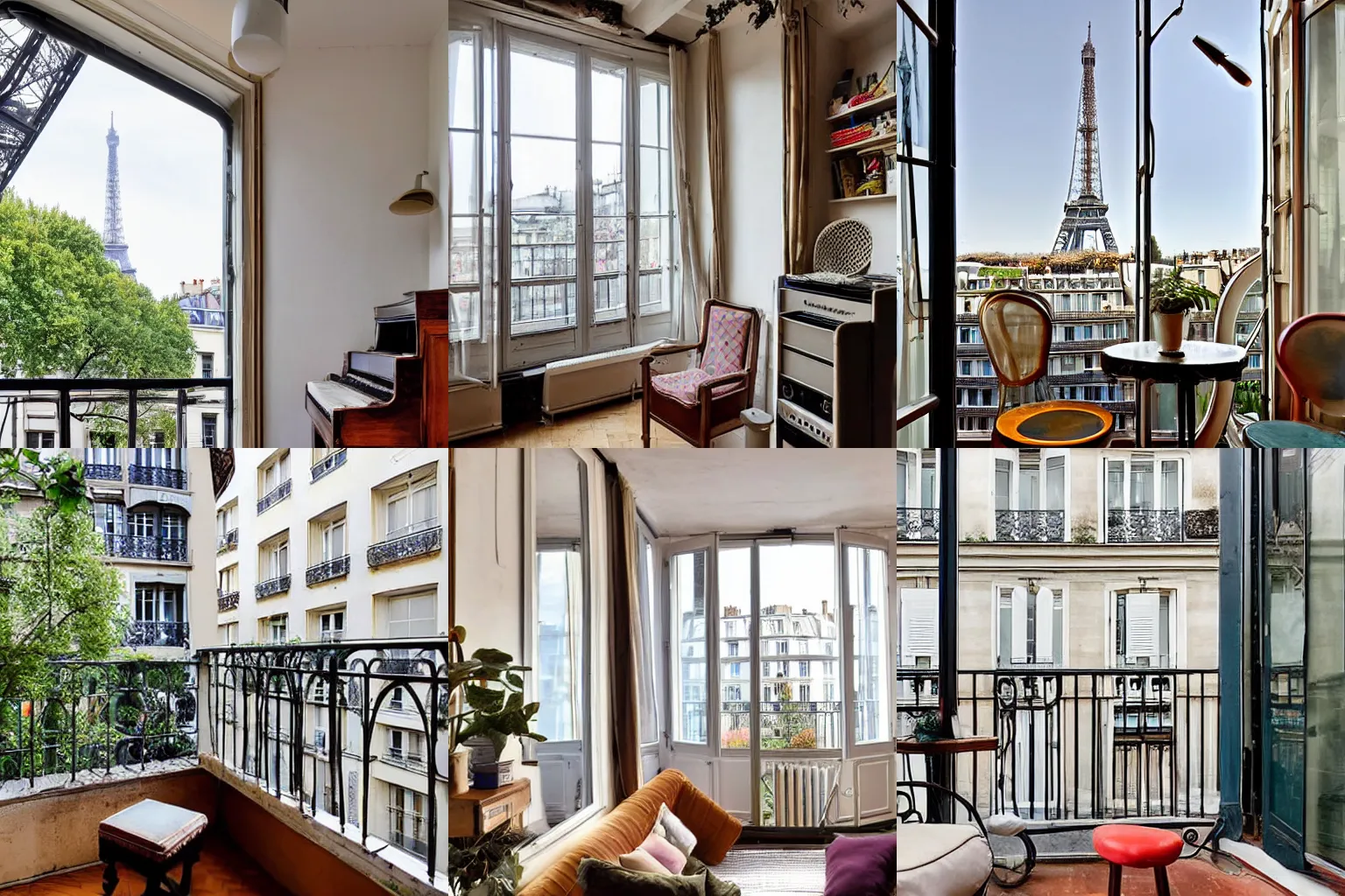 Prompt: Cosy parisian studio apartment with a balcony and roof window, decorated with vintage furniture and old acoustic piano, with eiffel view