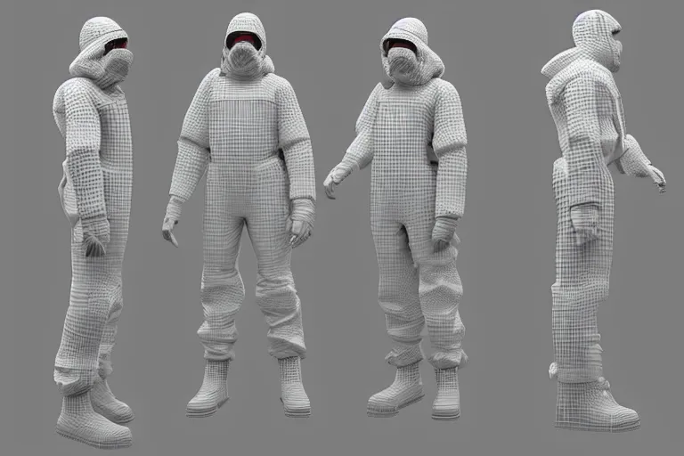 Prompt: hazmat suit soldier, concept art, 3d model, art by Moebius