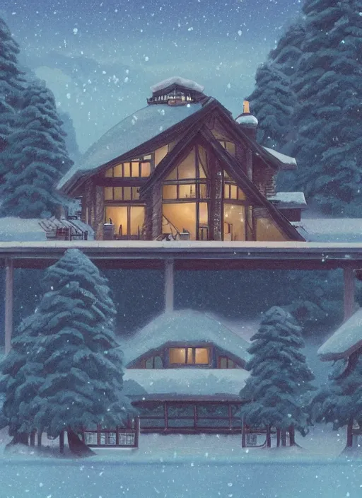 Image similar to a lake house in winter, trending on artstation, ghibli style, anime, concept art,