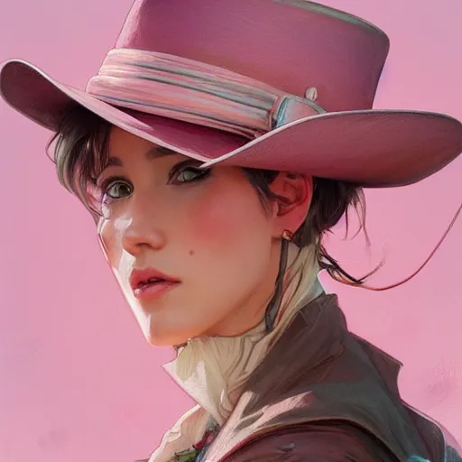 Prompt: Pink cowboy hat, highly detailed, digital painting, artstation, concept art, smooth, sharp focus, illustration, art by artgerm and greg rutkowski and alphonse mucha