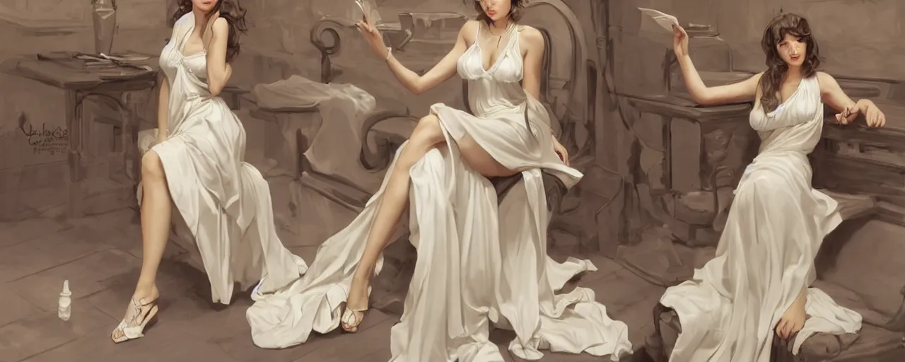 Prompt: character design, reference sheet, ancient white dress, relaxing, cute, young female, happy, beautiful, elegant, no shoes, open v chest clothes, long dark hair, concept art, photorealistic, hyperdetailed, 3d rendering! , art by Leyendecker! and constable,