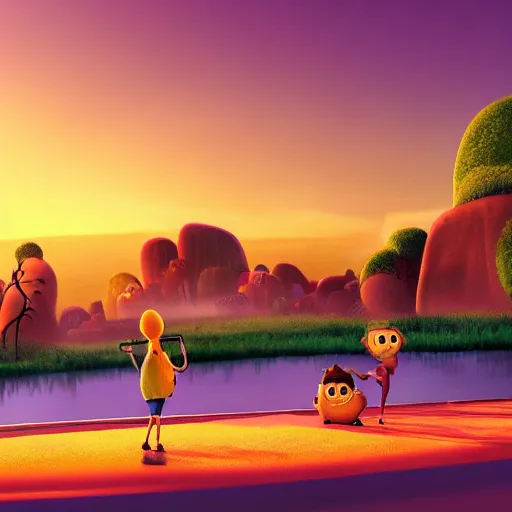 Prompt: A landscape from Cloudy with a Chance of Meatballs (2009), sunset time, award winning