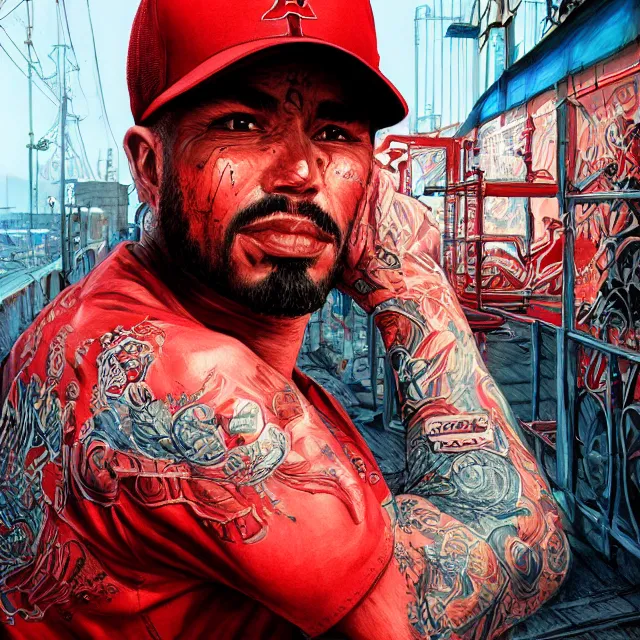 Prompt: the portrait of a los angeles blood's gang member wearing a red baseball cap, an ultrafine hyperdetailed illustration by kim jung gi, irakli nadar, intricate linework, bright colors, final fantasy, unreal engine 5 highly rendered, global illumination, radiant light, detailed and intricate environment