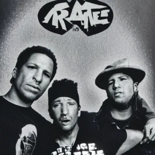 Prompt: Rage Against the Machine, live in concert 1994, Zack de la Rocha, Tom Morello, alternative metal, 1994 VHS quality