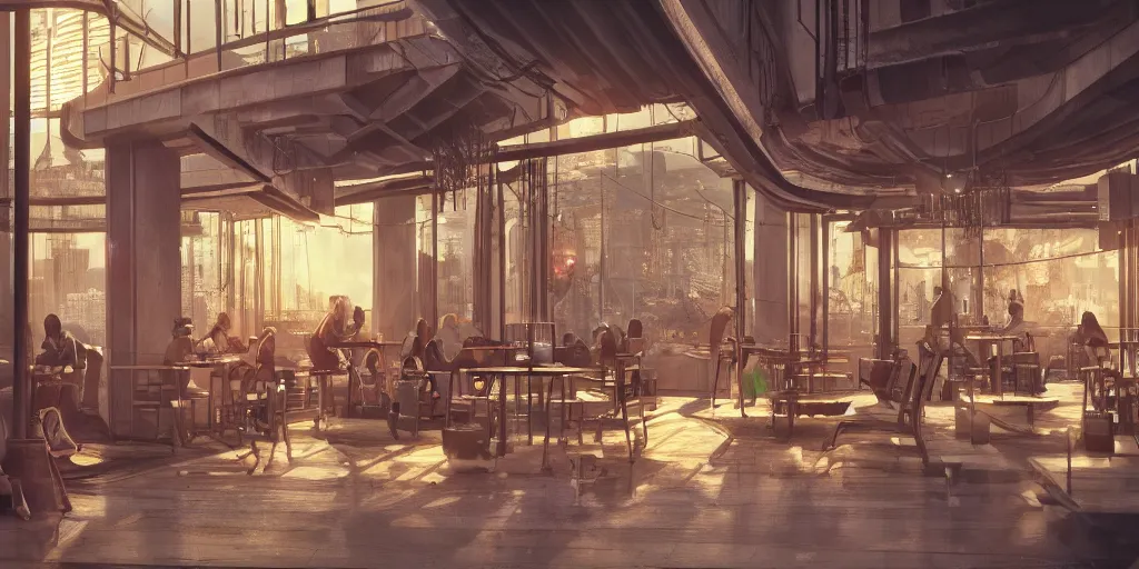 Prompt: a beautiful and cozy octane render of a cyberpunk coffee shop on a hammock structure between two towers, hyper detailed, multiple levels, award winning art, by bladerunner, by cameron, by gibson, mead,