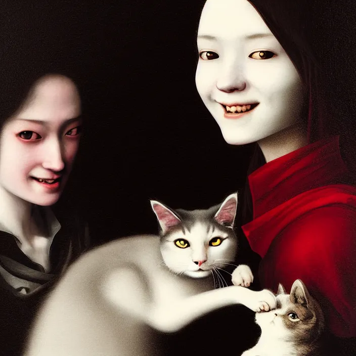 Image similar to renaissance portrait of the secretive vampire girl loner smiling at her cat, by yoshitaka amano, casey baugh, steve caldwell, gottfried helnwein, yasunari ikenaga, nico tanigawa, and artgerm rendered with 3 d effect.