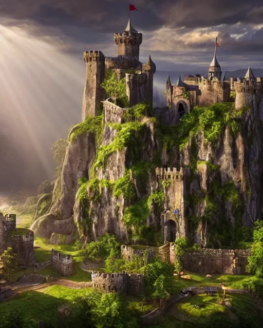 Image similar to a beautiful fantasy landscape of a large majestic medieval castle with lots of towers and huge walls on top of a lush cliff with a huge waterfalls in the middle, ruins of structures at the bottom, afternoon light streaking with god rays, ornate, detailed, octane render, 8k, trending on artstation deviantart google images, pinterest, canon 35mm lens