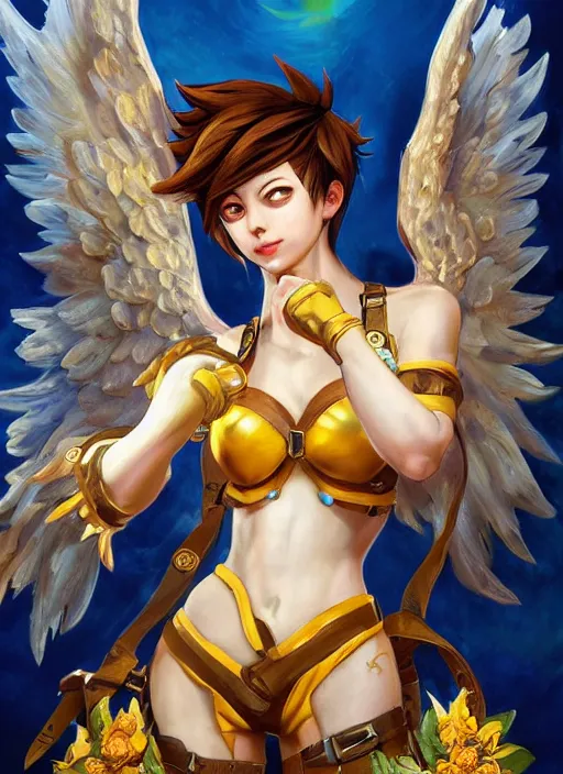 Prompt: full body oil painting of tracer overwatch in the style of sophie anderson, angel wings, angelic golden armor, dramatic painting, symmetrical composition, ornate, golden chains, high detail, gold detailed collar!!!!!, blooming, lights, flowers, detailed face,