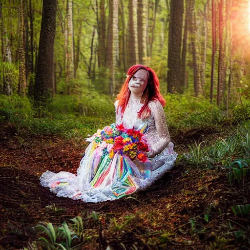 Prompt: a hyperrealistic photo of melynda moon, sitting in a colorful forest during the sunrise, wearing a long rainbow wedding gown