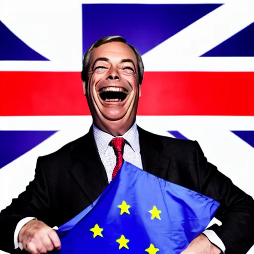 Image similar to nigel farage laughing holding burning eu flag, studio photograph, hd, studio