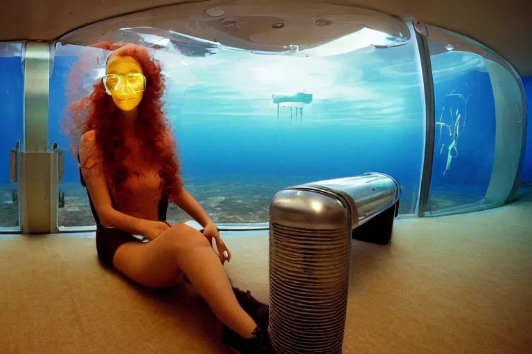 Image similar to high-angle view of a Ukrainian lush female jellyfish human hybrid wearing vacuum tube amp roman armor and transparent amber neck guard with transparent digital number readout floating in front of face, sitting inside of an underwater furnished airport terminal, large submersible vessel in the horizon silt rising from the seabed carpet floor, soviet computer console in seabed, ektachrome color photograph, volumetric lighting, off-camera flash, 24mm f8 aperture