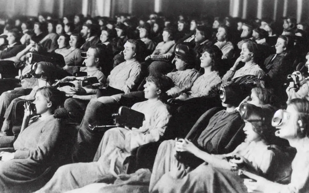 Image similar to 1 9 0 0 s photo of people using iphones ipods virtual reality headsets vr watching hd tv in a movie theater