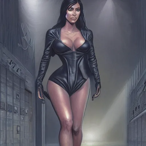 Image similar to kim kardashian as a cop, police uniform, full body view, full pov, haunted house interior, pretty, aesthetic, dust molecules, matte detailed photo, DeviantArt, Artstation, by donato giancola, ralph horley, loish, cinematic lighting