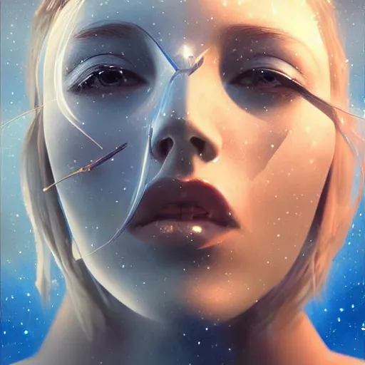 Prompt: sci - fi, close - up, 3 d, stars, blonde fashion model face closed eyes, cinematic, clouds, sun rays, vogue cover style, poster art, blue mood, realistic painting, intricate oil painting, high detail illustration, figurative art, multiple exposure, water, 3 d, by tooth wu and wlop and beeple and greg rutkowski