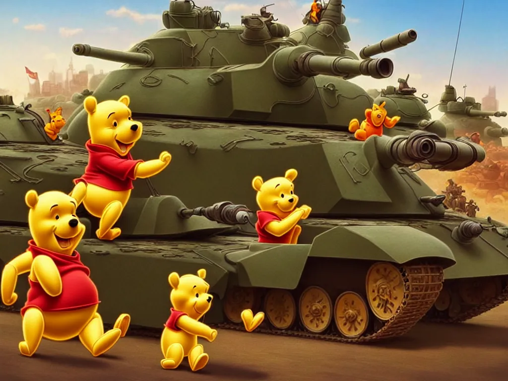 Prompt: winnie the pooh with tanks at tiananman square, cute and cuddly, highly detailed, photorealistic, octane render, 8 k, unreal engine. art by artgerm and greg rutkowski and alphonse mucha