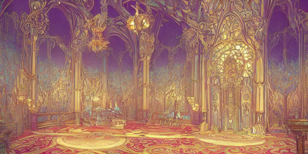 Image similar to an art nouveau decorated throne room in a palace, magical, bright, colorful, fantastic lighting, amazing details, 4 k uhd, illustration by hayao miyazaki and makoto shinkai and ilya kuvshinov, artstation, pixiv,