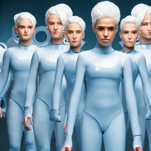 Image similar to troop of identical athletic humans with white hair wearing tight light blue latex suits, in formation, futuristic chemistry lab, sci - fi, highly detailed, hyperrealistic