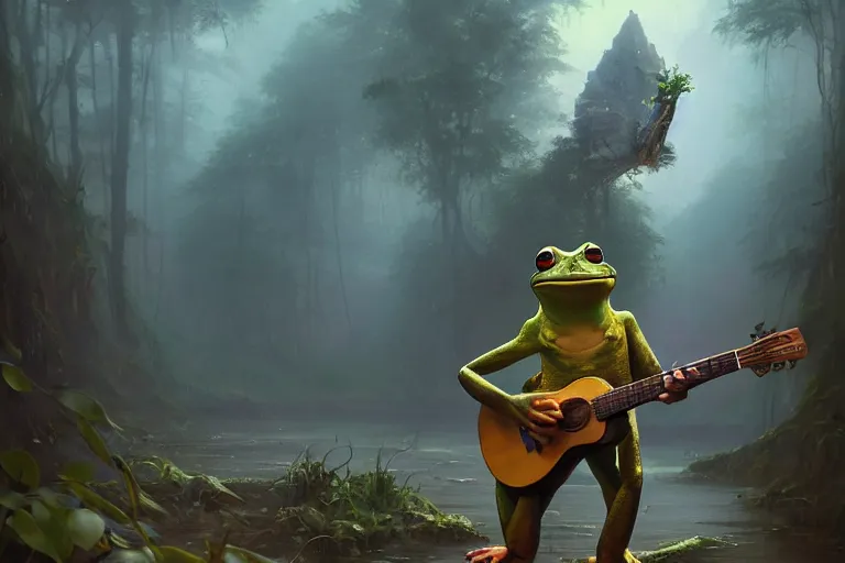 Prompt: very tall humanoid frog playing the guitar, greg rutkowski, rhads, ferdinand knab, makoto shinkai lois van baarle, ilya kuvshinov, rossdraws, tom bagshaw, global illumination, intricate, detailed, atmospheric lighting, golden hour