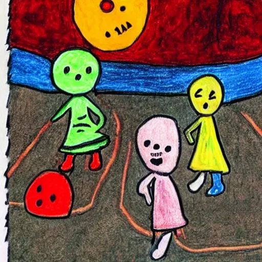 Image similar to abstract children’s drawing of the end of the world., horror,